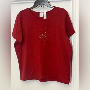 Liz Claiborne Red Short Sleeve Top with Rhinestone Accent